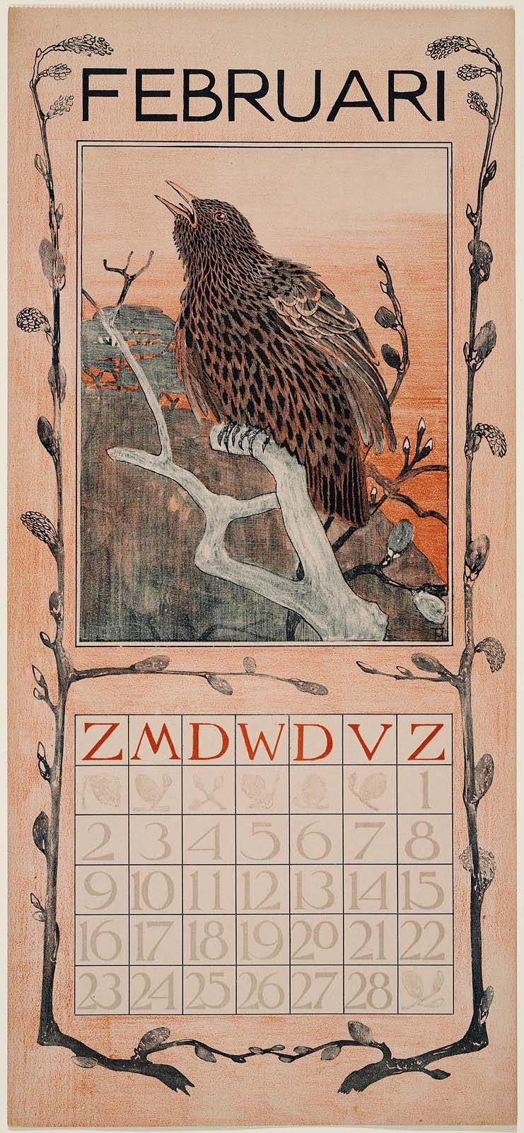 A February calendar page. Work credits are counted over years, not weeks. Photo: Wikimedia Commons, public domain.